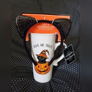 Cobwebs And Cauldrons Halloween Black Cat Travel Mug With Lid And Cat Ears NWT